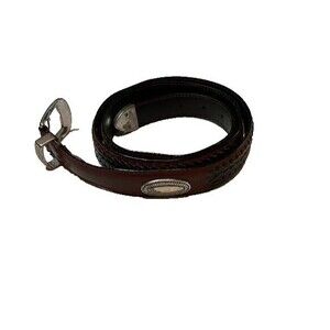 Fossil Western Brown Genuine Leather Silver Medal Medallions 46" Belt*Flawed